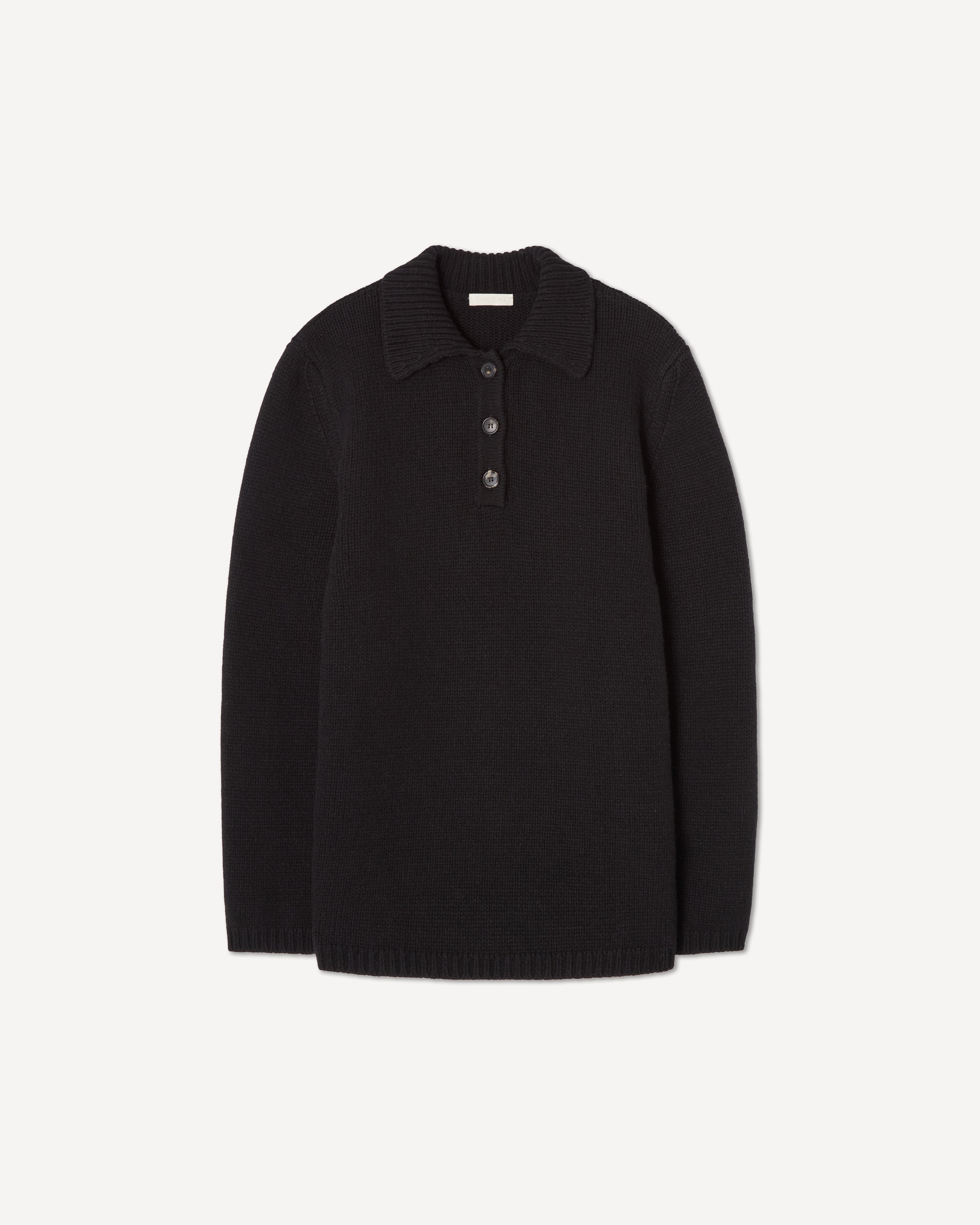 Black oversized wool cashmere rugby polo knit with shirt collar – Dhoemi Two-Way Rugby Knit