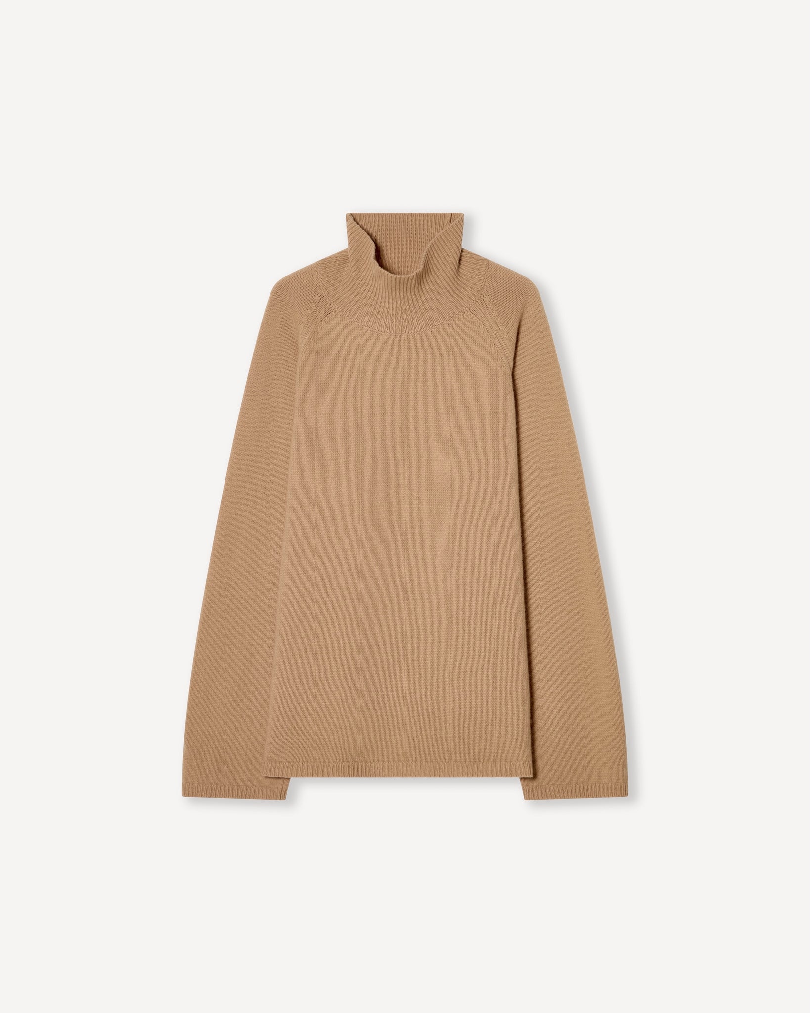 Camel certified wool cashmere turtleneck with raglan sleeves and elongated body – Dhoemi