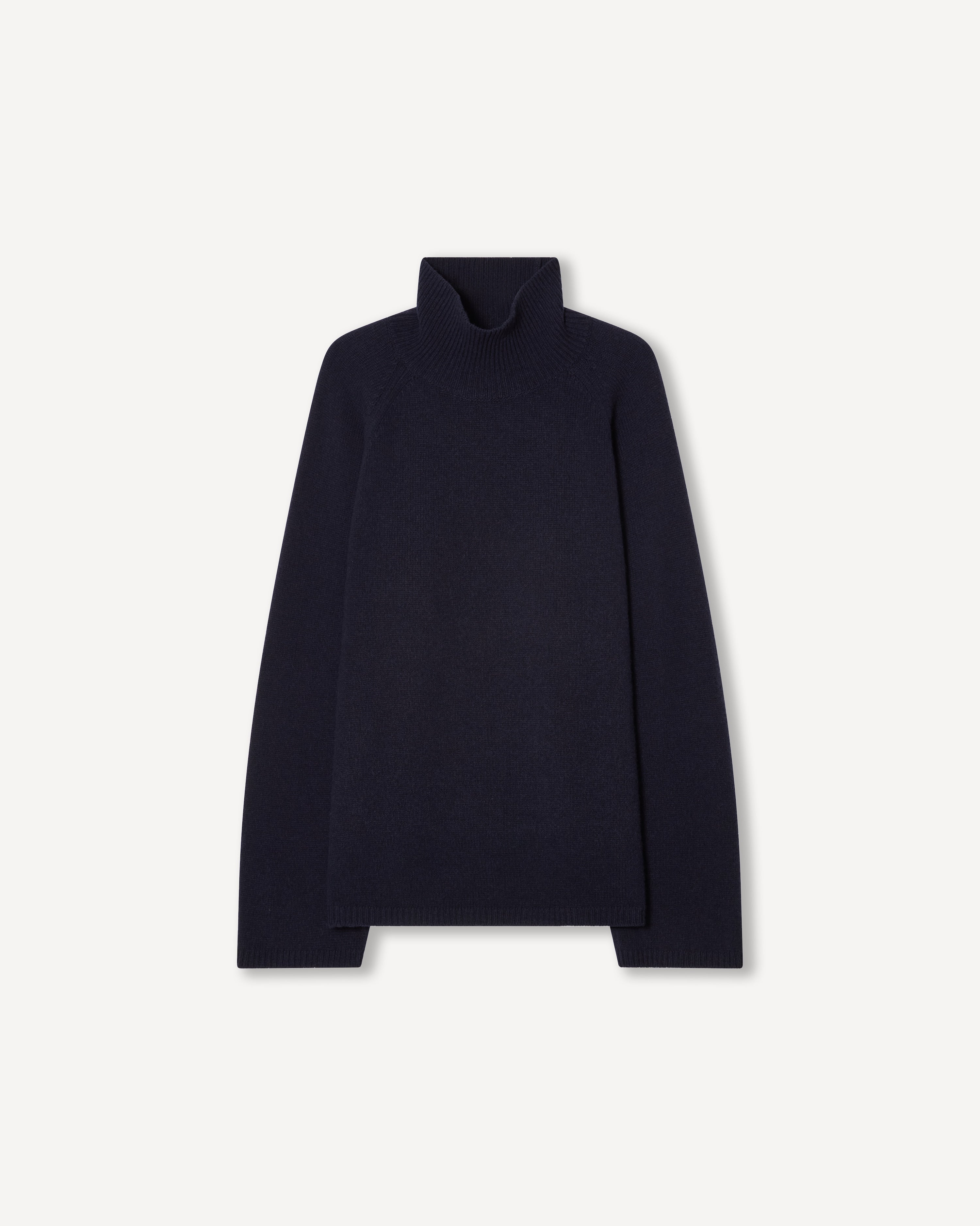 Dark navy wool cashmere turtleneck with raglan sleeves and elongated body – Dhoemi